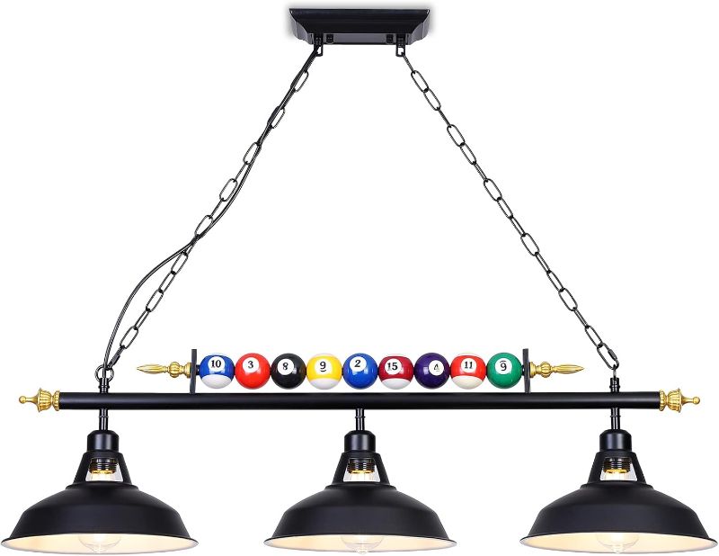 Photo 1 of 3-Light Billiard Pool Table Lights Hanging Over Pool Table, Black Matte Metal Shades with Billiard Ball Decor, for Billiards Room, Snooker Table, Kitchen Island