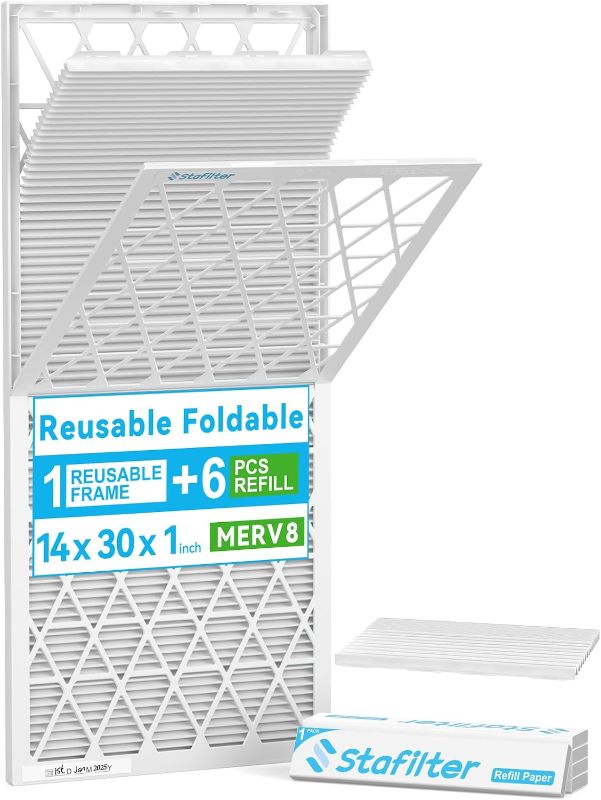 Photo 1 of Reusable 14x30x1 Air Filter (MERV 8), 1 Foldable Frame + 6 Refills (Not Individual Filters), Greener HVAC AC Furnace Air Filters MPR 700&FPR 5(Actual Size:13.75"x29.75"x0.75")
