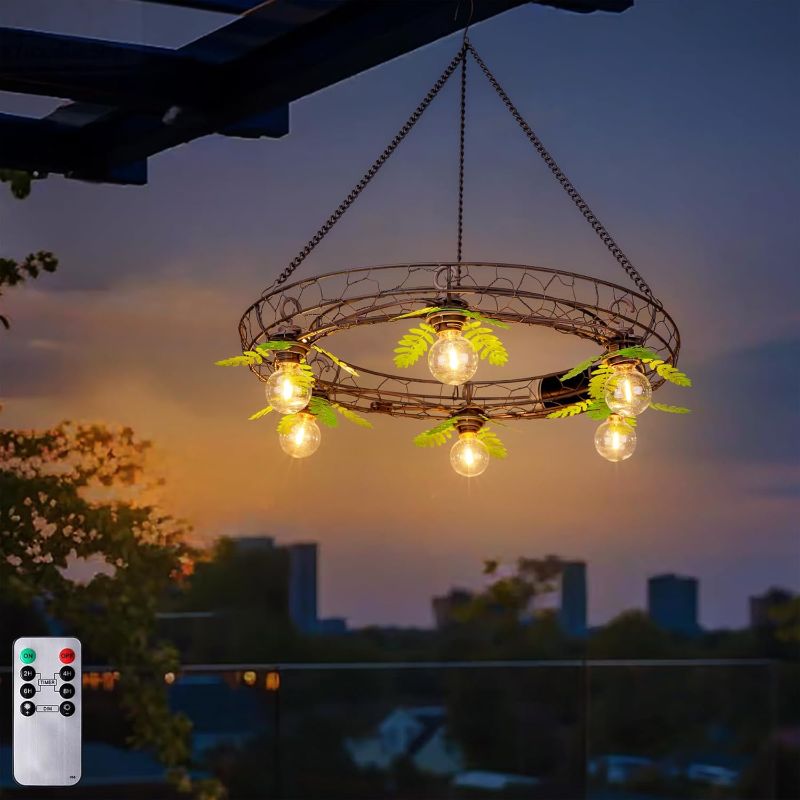 Photo 1 of Battery Operated Outdoor Chandelier, Decorative Hanging Pendant Lights with 6pcs G40 Bulbs, Rust Finish Metal Wire Floral shade, Brightness Adjustable with Timer for Pergola Gazebo Porch Patio Decor