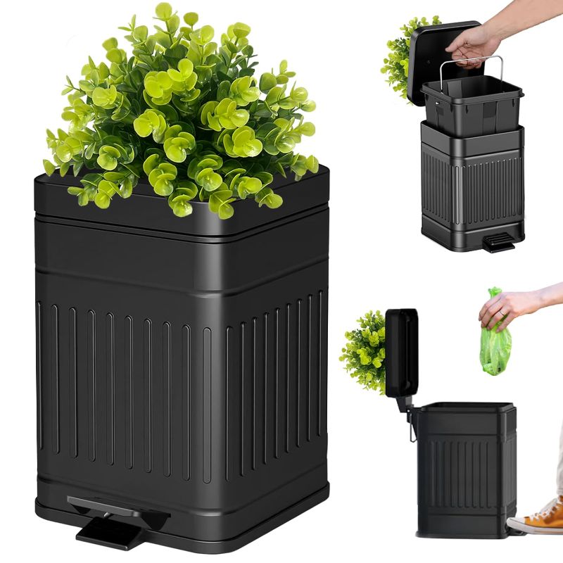 Photo 1 of Outdoor Dog Poop Trash Can Outside, Small Plant-Styled Bathroom Trash Can with Lid, Farmhouse Retro Metal Garbage Can for Office, Dog Waste Container with Pedal, Soft Close, 5L/1.3 Gal, Black