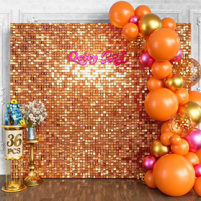 Photo 1 of Orange Shimmer Wall Backdrop 36PCS, Black Back Not See-Through Design, Square Sequin Glitter Backdrop Panel, Perfect for Outdoor Events, Birthdays, Wedding and Party Decoration