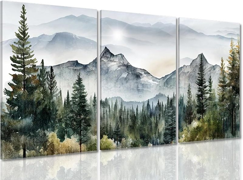 Photo 1 of Framed Green Mountain Wall Art Set of 3, Misty Forest Pictures Wall Decor Neutral Nature Paintings Modern landscape Canvas Prints Sunrise Artwork for Living Room Office Hallway 16x24 in