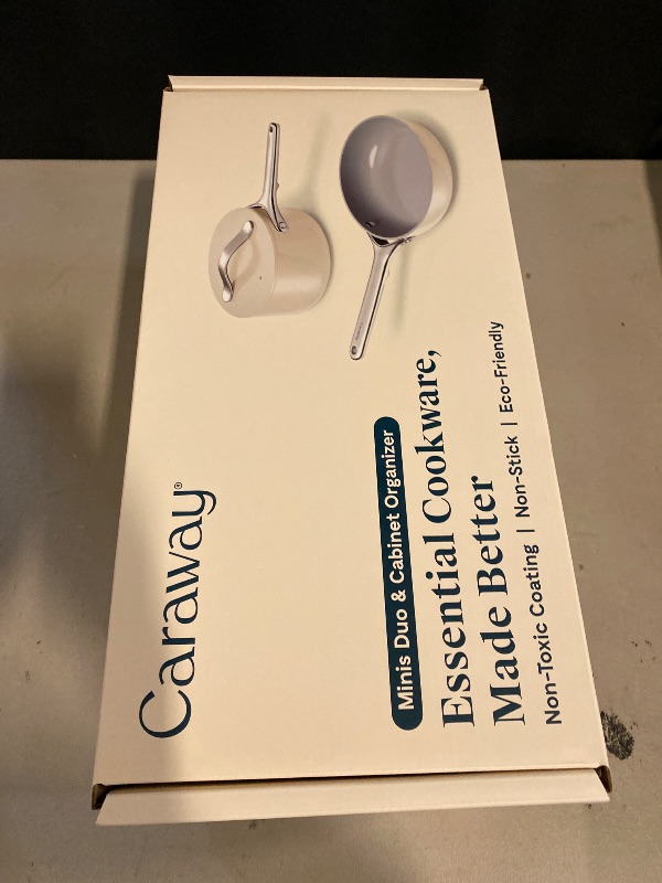 Photo 1 of Caraway Mini Cookware Set - Non-Stick Ceramic Fry Pan (1.05 qt, 8") Sauce Pan (1.75 qt) & Storage Rack - Non Toxic, PTFE & PFOA Free - Oven Safe & Stovetop Agnostic (Gas, Electric & Induction) - Cream