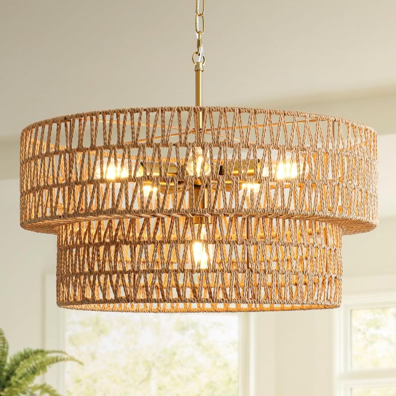 Photo 1 of 23.6" Boho Rattan Chandelier, 6-Light Large Rattan Pendant Light with 2-Tier Wicker Shade, Bohemian Farmhouse Ceiling Light Fixture Chandelier for Dining Room, Living Room, Bedroom, Kitchen Island