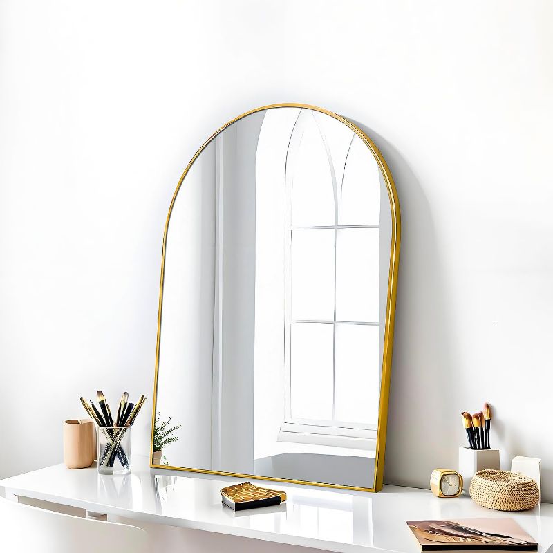 Photo 1 of 24x16 Arch Mirror Rectangle Wall Mounted Metal Frame Mirrors for Entryway Bedroom Bathroom Living Room 24 16 inch Gold