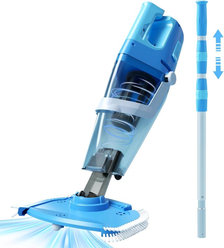 Photo 1 of Cordless Pool Vacuum with Telescopic Pole, 26.5 gallons/min Powerful Suction, Handheld Rechargeable Swimming Pool Cleaner with 1H Running Time, Pool Vacuum for Above/In Ground Pools, Spas, Hot Tubs