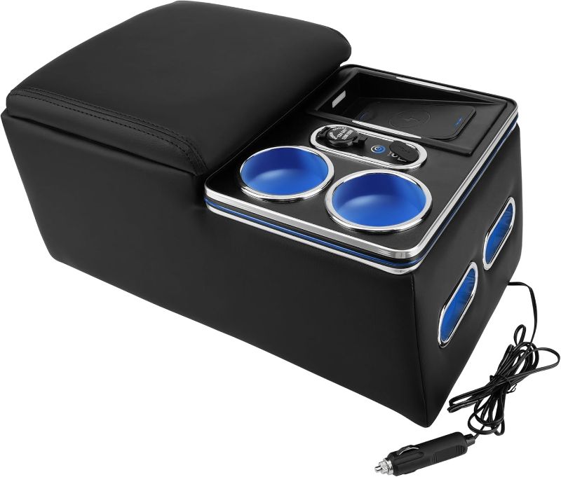 Photo 1 of Center Console Organizer with Wireless Charging - Car Console Organizer Tray with Phone Holder, Cup Holders & LED Light - Premium Leather Storage Box for Cars, Trucks, SUV (Universal Fit)