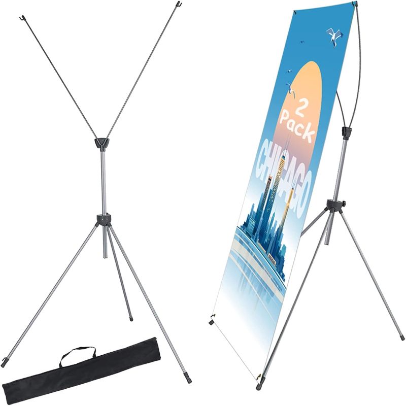 Photo 1 of 2 Pack X Frame Banner Stand Fits Any Banner Adjustable Size 23"X63" to 32"X78" with Portable Retractable Carrying Bag, Customize Stand for Trade Show Exhibition Market and Store Display, Silver