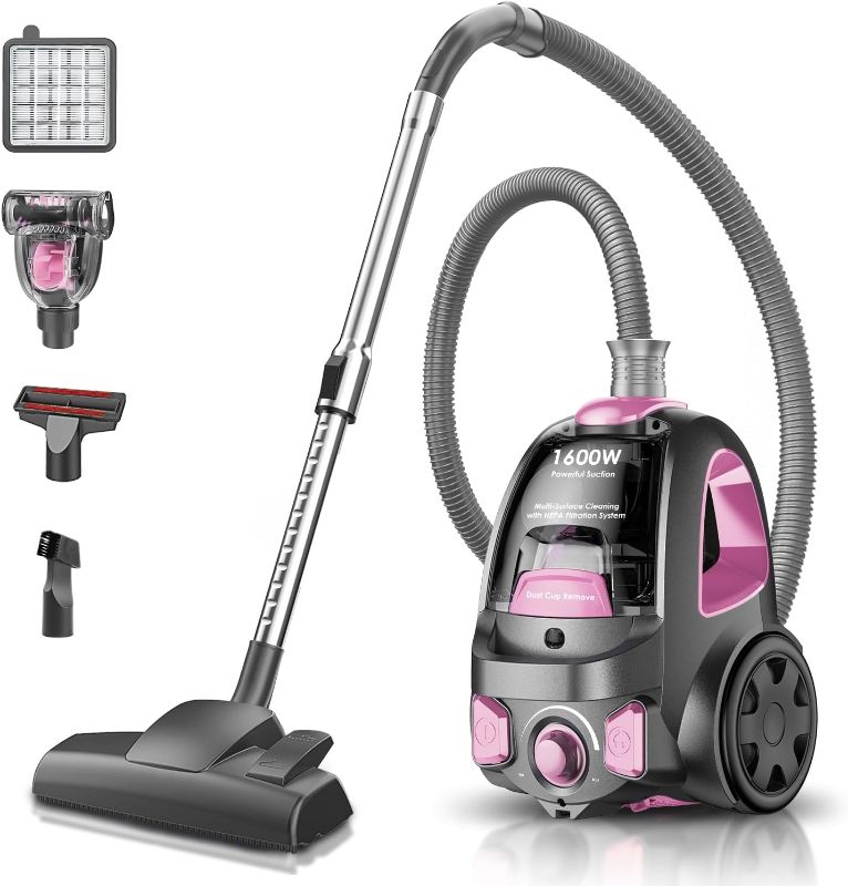 Photo 1 of Canister Vacuum Cleaner, 32Kpa 1600W Bagless Vacuum Cleaner, Dust Full Indicator, H13 HEPA Filter, 3.7Qt Large Capacity, Lightweight Vac for Hard Floors, Carpet, Pet, Upholstery, Pink