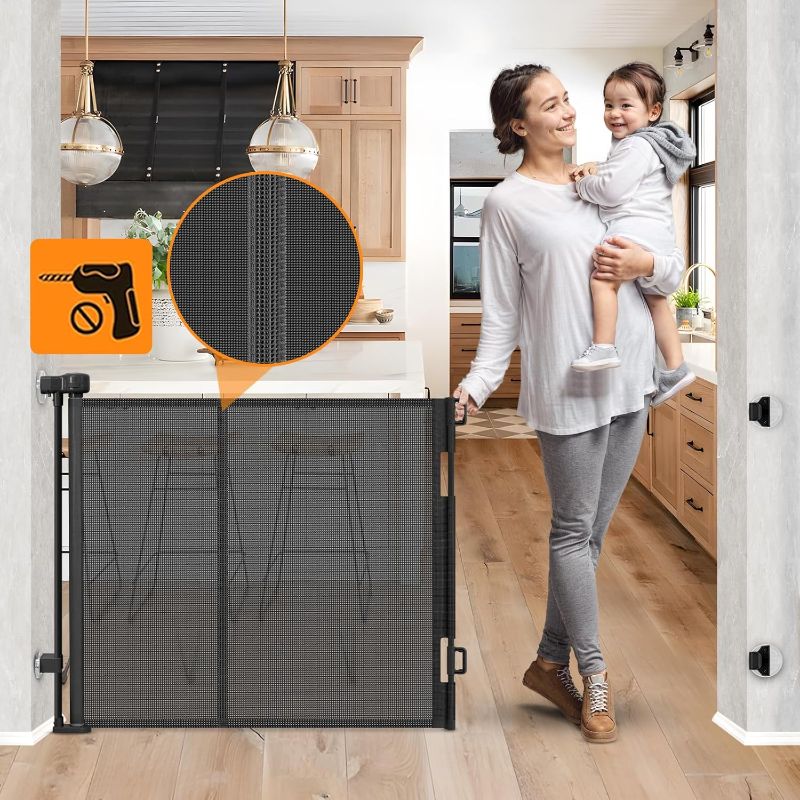 Photo 1 of 3 Pack Reinforced No Drill Retractable Pet Gates for Doorways No Drilling Retractable Dog Gate with Support Rods to Prevent Crawling Underneath, 55” Wide Retractable Baby Gate No Drill Retractable Mesh Gates