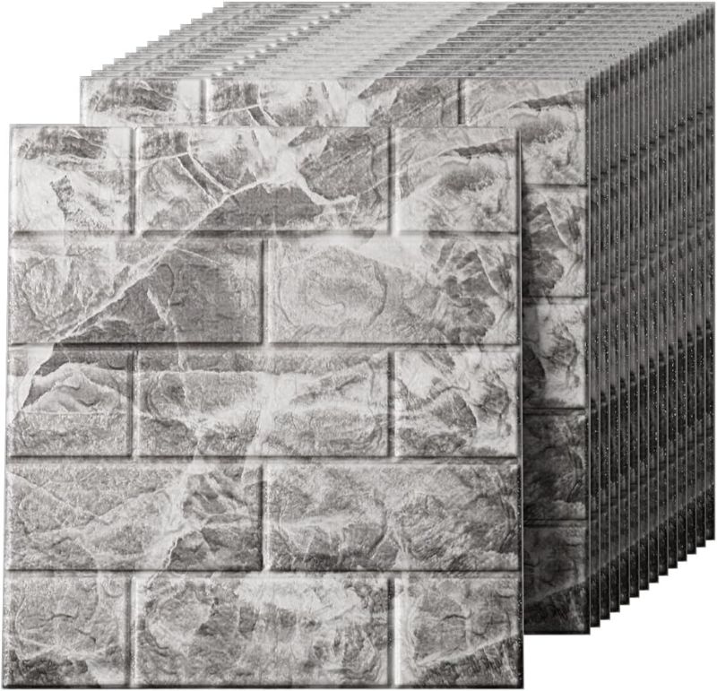Photo 1 of 3D Wall Panels Peel and Stick in Grey White?40 PCS XPE Foam 3D Wallpaper, Faux Brick Wall Panels for Bedroom, Stairs, Kitchen