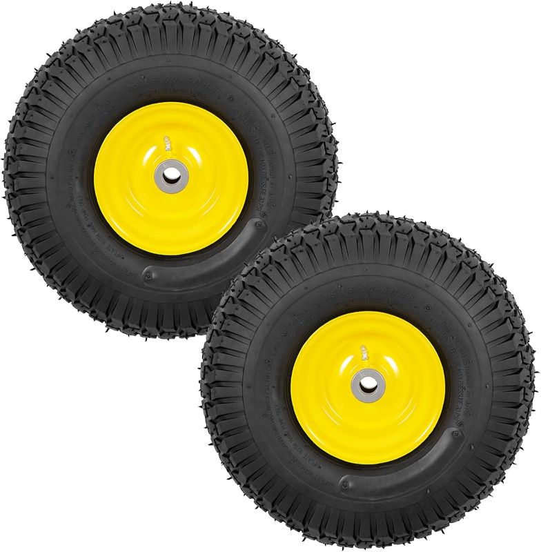 Photo 1 of 2 PCS Exact Replacement 15x6.00-6" Front Tires and Wheel Assembly for John Deere Riding Mowers, Compatible with John Deere 100 and 300 Series, 3" Offset Hub, 3/4" or 5/8" or 1/2" Bushings