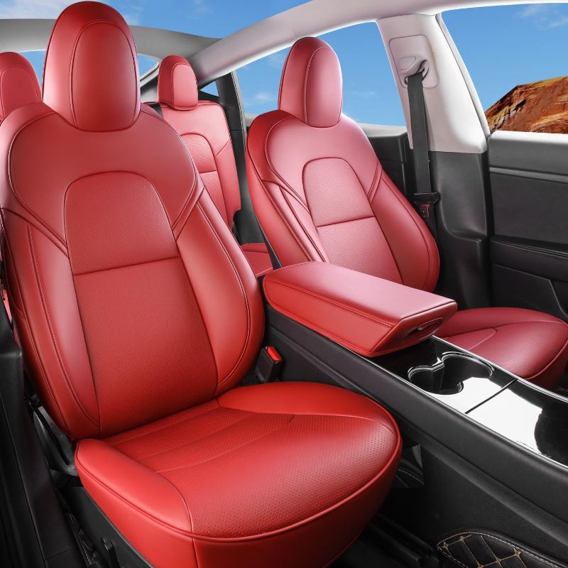 Photo 1 of Tesla Model Y Car Seat Covers Nappa Leather Car Interior Seat Airbag Compatible Cushion Cover Full Set Custom Fit 2024 2023 2022 2021 2020, Nappa Wine Red
