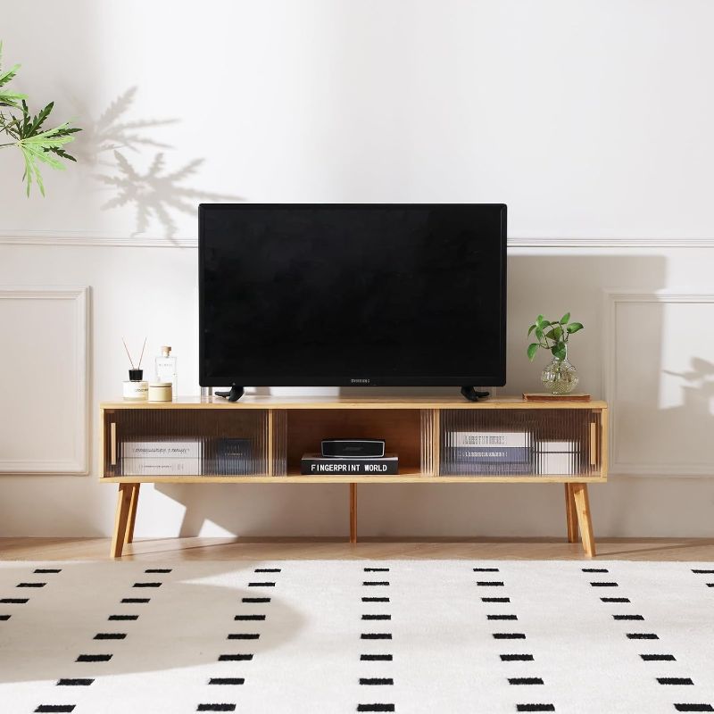 Photo 1 of Bamboo TV Stand for 55 60 65 Inches TV, Durable Entertainment Center with 3 Cabinets for Gaming Console, Modern Accent TV Console Cabinet for Living Room, Bedroom (Natural)