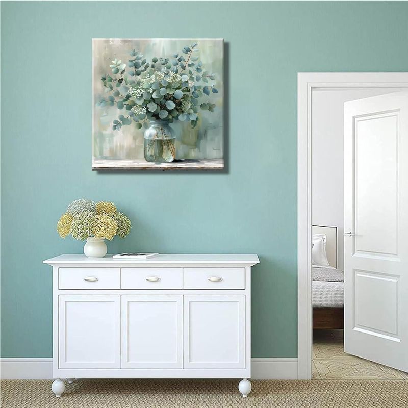 Photo 1 of Eucalyptus Flower Glass Vase Canvas Wall Art Bathroom Decor Country Style Wall Decor Pictures Farmhouse Vintage Artwork Green Botanical Posters Prints for Bathroom Bedroom Decoration