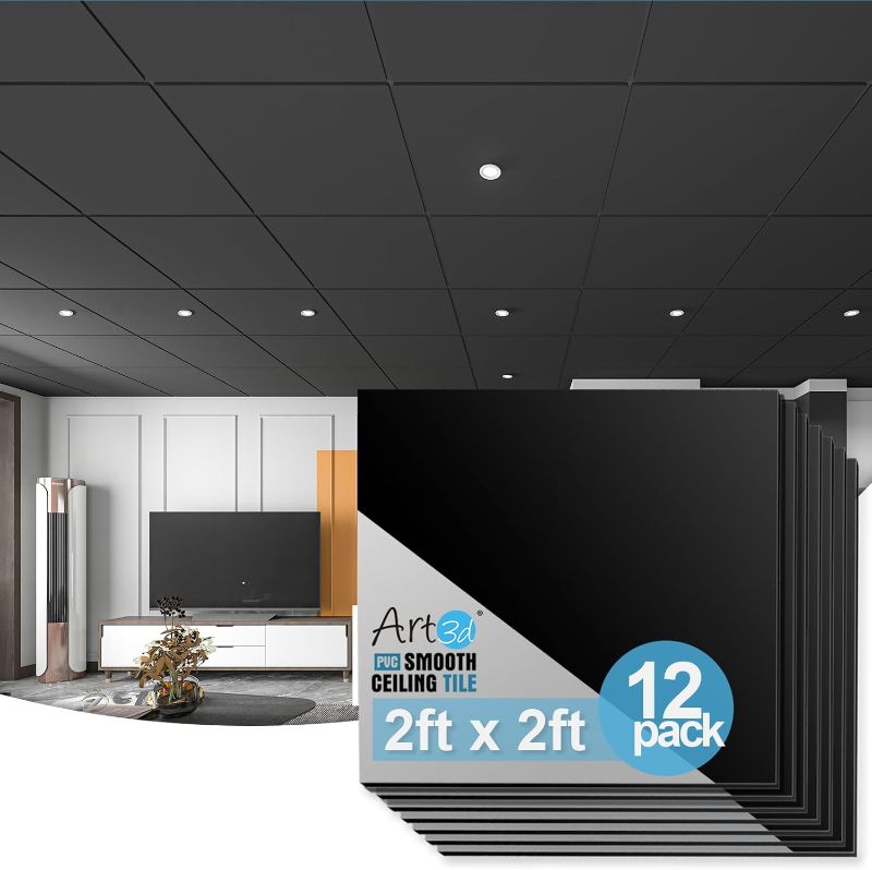 Photo 1 of Art3d 12-Pack Smooth Drop Ceiling Tile 2ft x 2ft - Fire-Rated, Waterproof, Reusable - Premium PVC, No Sag and Breakage - Cover 48 Sq. Ft, Black