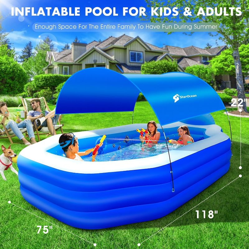 Photo 1 of Dark Blue-118"x75"x22 -nStarOcean Inflatable Pool with Canopy, Large Inflatable Swimming Pool for Kids,Adult, Blowup Pools with Seats,Backrest.Durable Thickened Inflatable Family Pools for Backyard