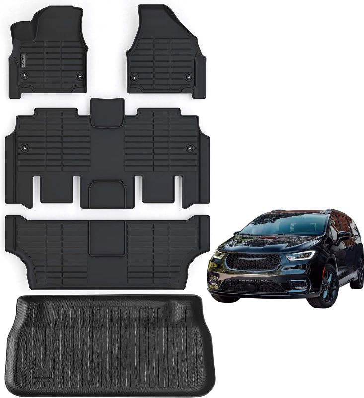 Photo 1 of Floor Mats for 2017-2024 2025 Chrysler Pacifica Gas Touring Models (Non Hybrid & Non Pinnacle Model with Trunk Mat TPE All Weather Car Floor Liners Cargo Liners Accessories-Black