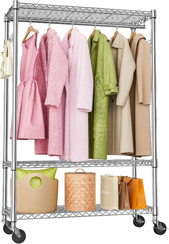 Photo 1 of Heavy Duty Rolling Garment Rack 3 Tiers Adjustable Wire Shelving Clothes Rack with 1 Rods and Side Hooks,Storage Closet Clothing Rack with Wheels Chrome 15.7" D x 45.3" W x 75.6" H