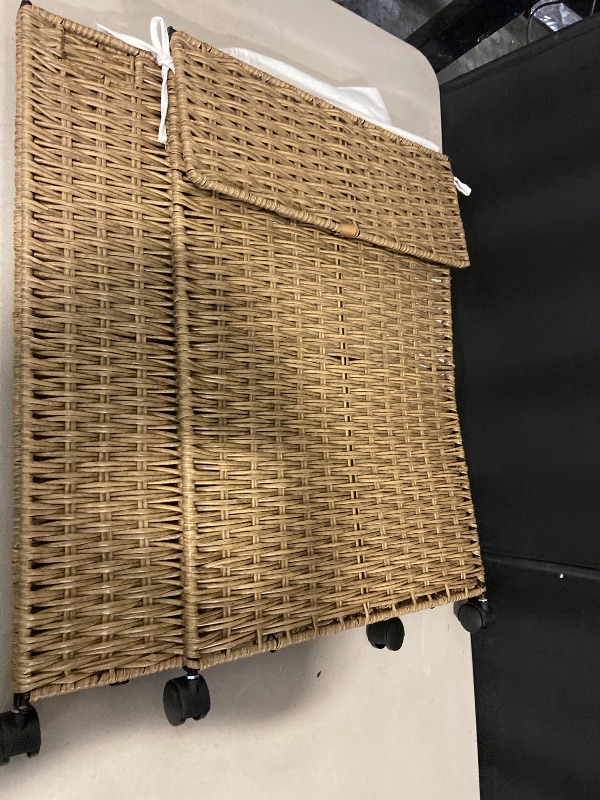 Photo 1 of 70L Slim Laundry Hamper with Lid & Wheels, Rolling Laundry Basket with 2 Removable Liner Bags & 3 Mesh Bags, Narrow Dirty Clothes Basket, Foldable Handwoven Rattan Laundry Sorter, Natural