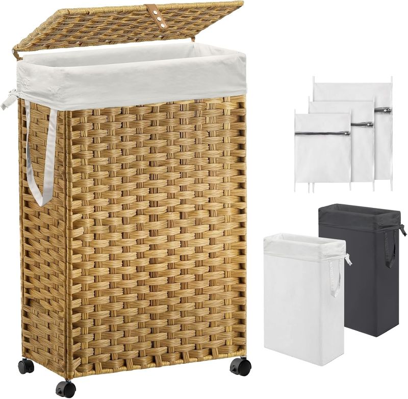 Photo 1 of 70L Slim Laundry Hamper with Lid & Wheels, Rolling Laundry Basket with 2 Removable Liner Bags & 3 Mesh Bags, Narrow Dirty Clothes Basket, Foldable Handwoven Rattan Laundry Sorter, Natural