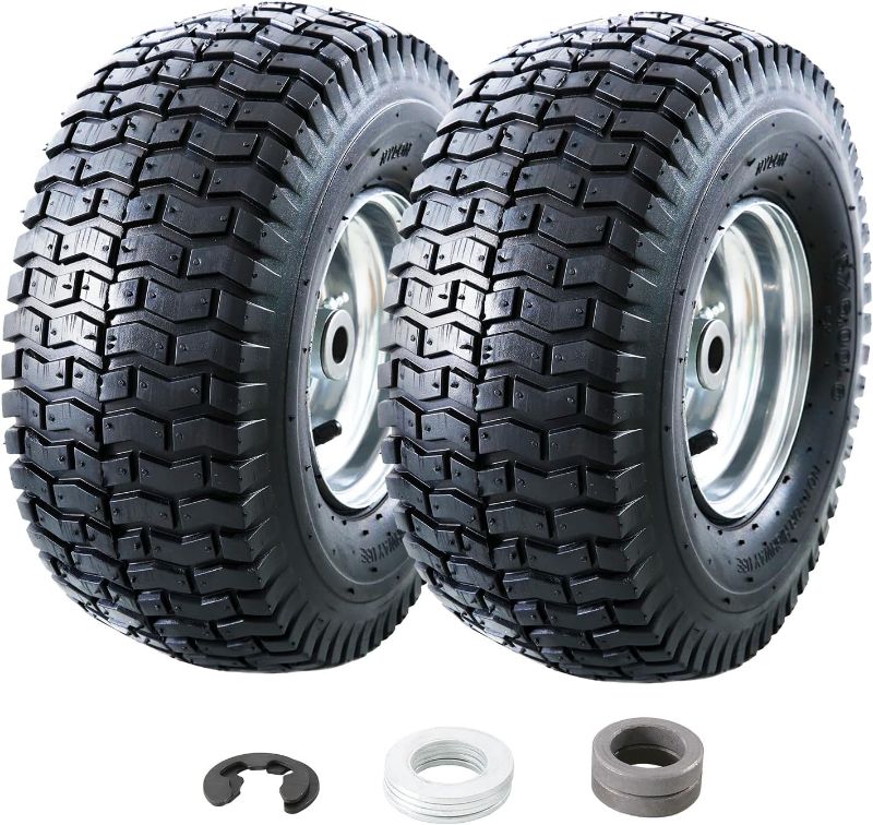 Photo 1 of MZREXN 15x6.00-6 Lawn Mower Tires and Wheel Assembly, Front Tires Replacement, Compatible with John Deere & More Riding Mowers, 4 Ply Pneumatic, 3" Centered Hub, 3/4" Bearings, 2PCS