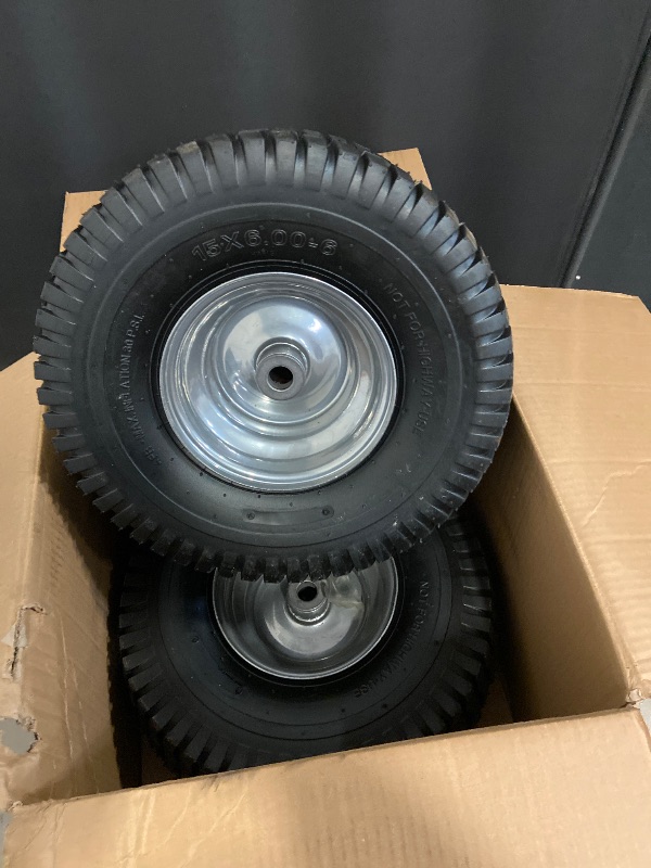 Photo 1 of MZREXN 15x6.00-6 Lawn Mower Tires and Wheel Assembly, Front Tires Replacement, Compatible with John Deere & More Riding Mowers, 4 Ply Pneumatic, 3" Centered Hub, 3/4" Bearings, 2PCS