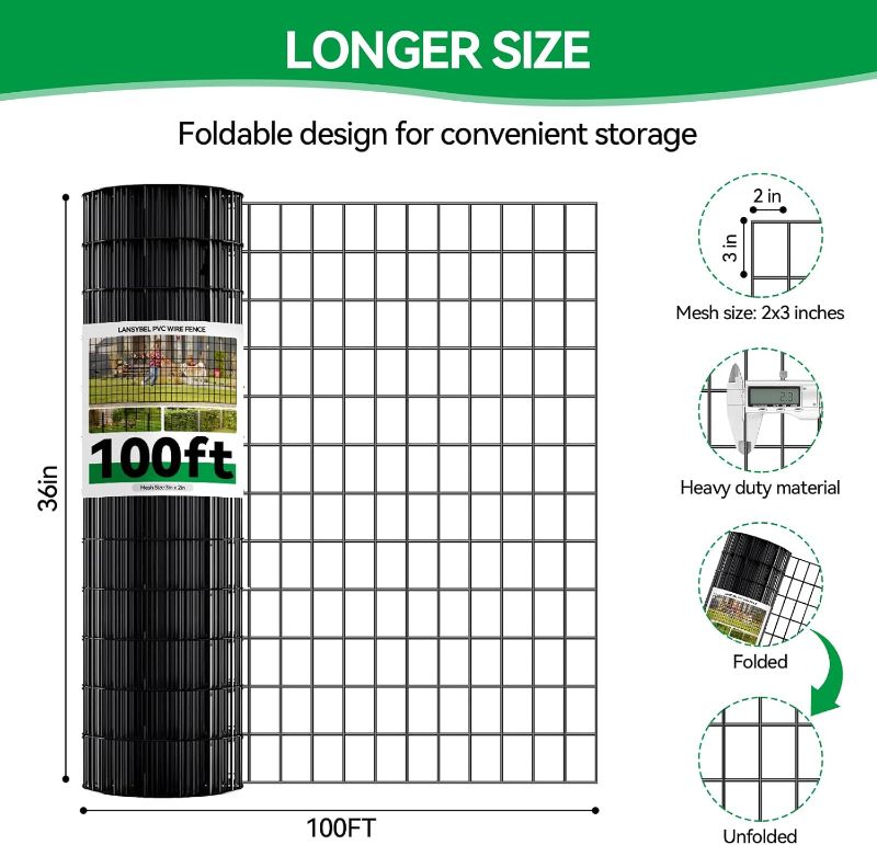 Photo 1 of Welded Wire Fence, 100t(L) x 36inch(H) PVC Anti-Rust Coated Wire Mesh, 2 Inch x 3 Inch 16GA Garden Edging Border, Roll Metal Animal Barrier for Yard Vegetable Plant Protection Poultry Netting