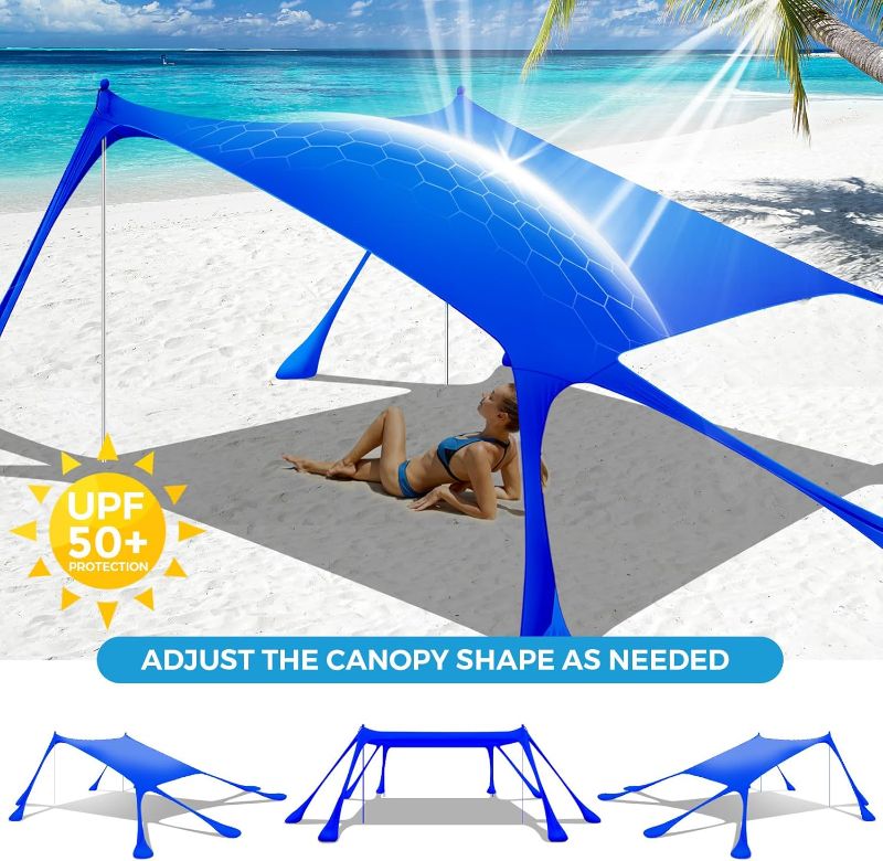 Photo 1 of Large Beach Tent Canopy Pop Up Shade 10x10ft Sun Shelter Portable with UPF50+ UV Protection 8 Sandbags 4 Aluminum Poles 2 Sand Shovel Ground Pegs Carrying Bag for Outdoor Camping Fishing Yard Picnics