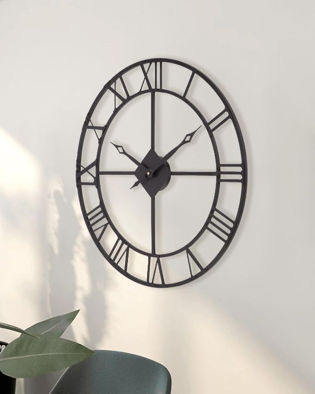 Photo 1 of 24 Inch Wall Clock, Large Roman Numerals Wall Clocks Battery Operated, Slient Vintage Skeleton Black Metal Indoor Outdoor Clocks for Living Room, Bedroom, Kitchen, Dining Room, Patio Decor