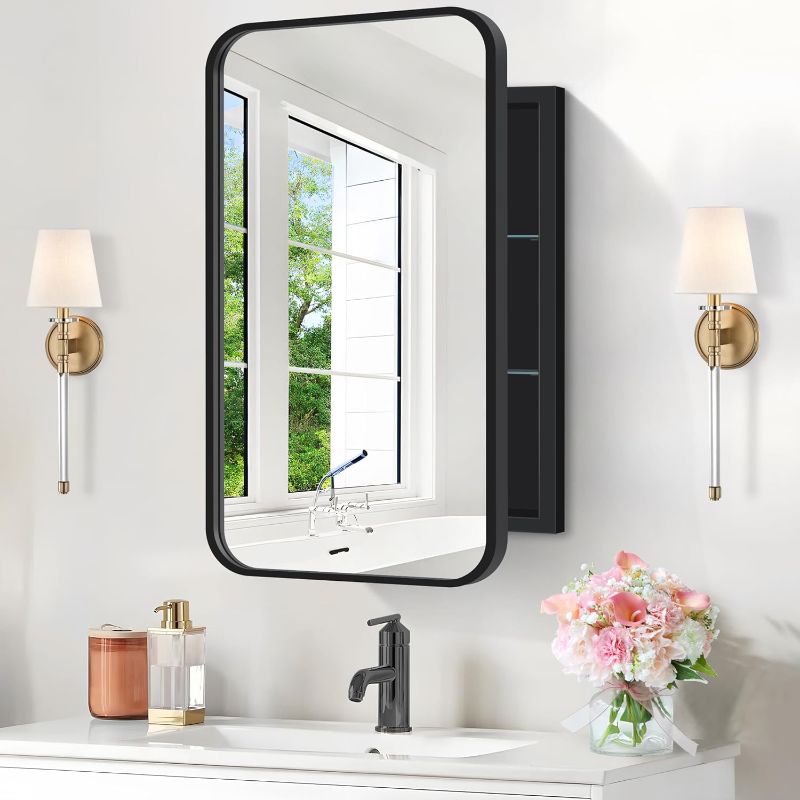 Photo 1 of Recessed Medicine Cabinet with Mirror, Metal Framed 16x24In Bathroom Mirror with Storage, Rounded Rectangle Vanity Mirror Cabinet, Black Wall Cabinets for Bathroom Storage