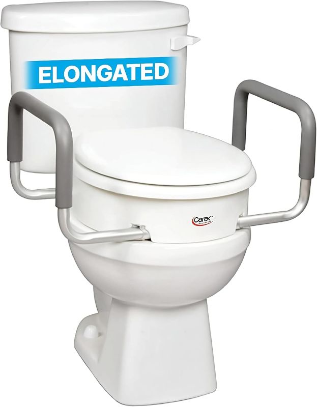 Photo 1 of Carex 3.5 Inch Raised Toilet Seat with Arms, Elongated Toilet Seat Riser, 300 lbs Capacity, Elevating and Raising Seat for Elderly and Handicap, Universal, Slip-Resistant with Padded Handles, White