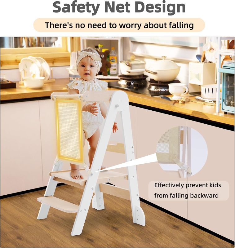 Photo 1 of Foldable Toddler Tower, Safety Net, Toddler Kitchen Stool Helper with Chalkboard & Whiteboard, 2 Adjustable Heights Toddler Standing Tower, Wooden Learning Tower for 1-4 Year Kids
