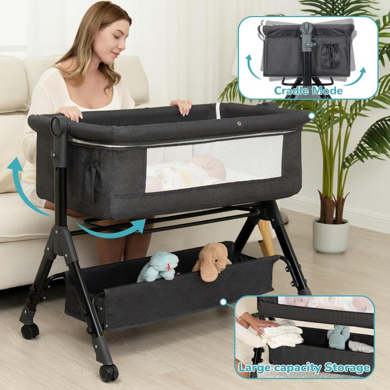 Photo 1 of Baby Bassinet, Bedside Bassinet for Baby, 3 in 1 Bassinet Bedside Sleeper with Wheels, Mosquito Net, Adjustable Easy Folding Portable Bed for Infant Newborn