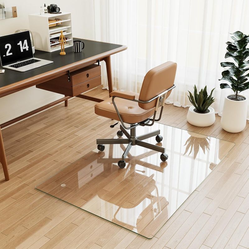 Photo 1 of [Tempered Glass] 30" x 48" Glass Chair Mat, 1/5" Thick Office Chair Mat for Carpet or Hardwood Floor, Heavy Duty Hard Chair Mats with Round Corner and Polished Edge, Carpeted Floor Protector