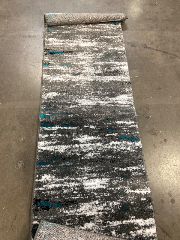 Photo 1 of Masada Rugs, Stephanie Collection Area Rug Modern Contemporary Design 1102 Grey White Black Turquoise Accent (32 Inch X 15 Feet 5 Inch) Long Runner
