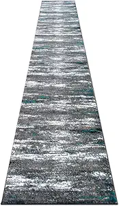Photo 1 of Masada Rugs, Stephanie Collection Area Rug Modern Contemporary Design 1102 Grey White Black Turquoise Accent (32 Inch X 15 Feet 5 Inch) Long Runner
