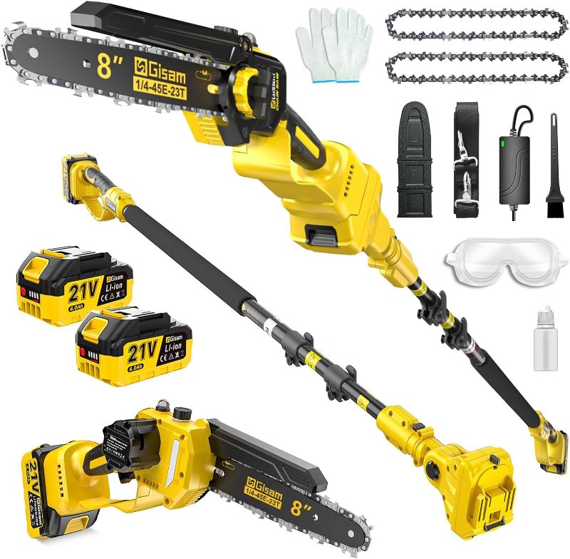Photo 1 of 2-in-1 Electric Pole Saws for Tree Trimming,8" Mini Chainsaw Cordless with Extension Pole, 1000W Brushless Motor,Auto Oiling,15.58 FT Max Reach Extension Pole for Outdoors Pruning with 2×Batteries