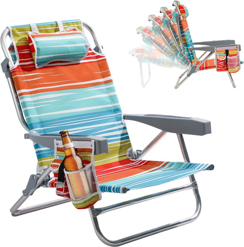Photo 1 of 5-Position Aluminum Lay Flat Backpack Beach Chair, Compact Portable Low Beach Chairs for Adults with Cooler Pouch, Storage Pouch, Towel Bar, Cup Holder & Phone Holder, Multicolor Stripe