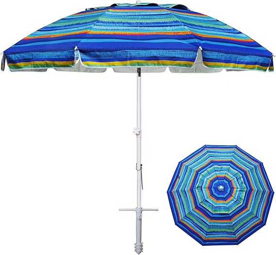 Photo 1 of 8 Feet Large Beach Umbrella with Sand Anchor Heavy Duty High Wind Portable Outdoor Umbrellas UV 50+ Protection Air Vent Tilt Patio Garden Pool