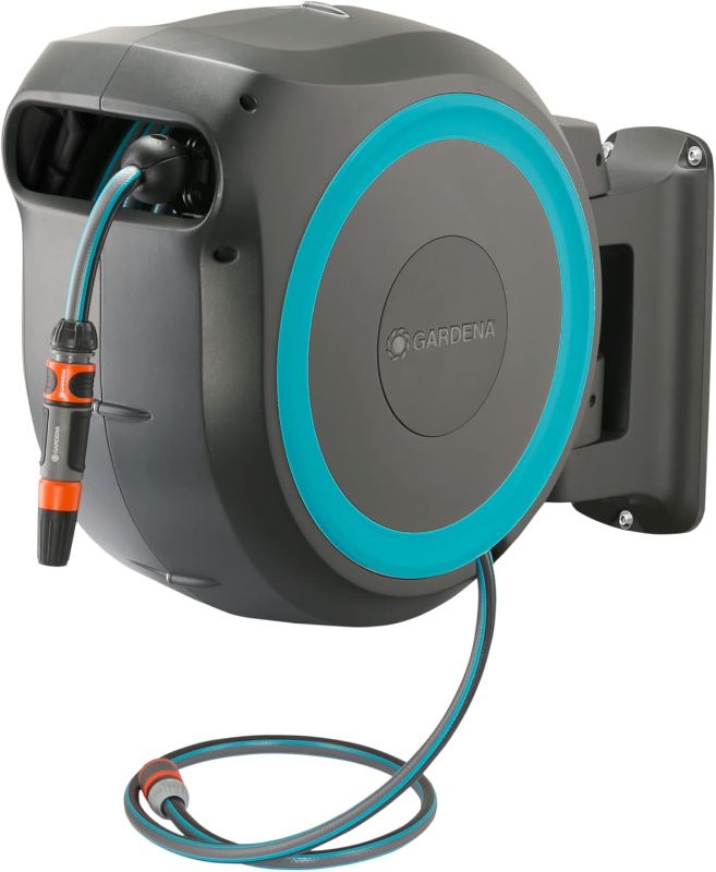 Photo 1 of GARDENA (18630) Retractable Garden Hose Reel 115' x 1/2" Wall Mounted, Automatic Retraction & Length Lock for Easy Watering. Heavy Duty Swivel Bracket 180°, Includes Nozzle. Made in Europe