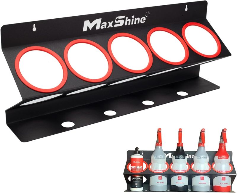 Photo 1 of Maxshine Universal Detailing Spray Bottle Holder - Mobile Detailing & Car Garage Organizer, Holds 5 Sprayers (16/32oz) with 4 Small Holes, Lightweight Design, Easy Wall Mounting (Set 1)
