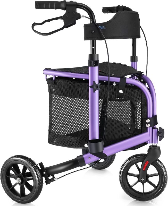 Photo 1 of 3 Wheel Rollator Walker with Seat for Slim Seniors, Padded Backrest Lightweight Foldable Walker Ideal for Elderly, 8 Inch Tri-Wheel Modern Mobility Walking Aid Aluminum, Purple