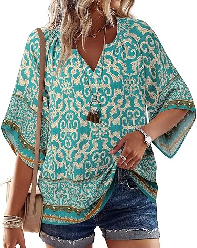 Photo 1 of 2XL Bebonnie Womens 3/4 Sleeve V Neck Bohemian Peasant Blouses Casual Loose Fit Tunic Tops