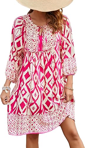 Photo 1 of 2XL Qearal Womens Casual V Neck 3/4 Sleeve Boho Floral Printed Loose Short Mini Summer Beach Dress
