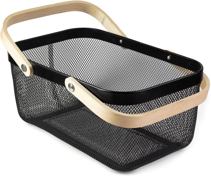 Photo 1 of Portable Garden Harvest Basket-Mesh Design Natural Bamboo Handle Wire Storage Baskets,Mesh Basket with Handle Organize Items Reduce Space Occupation,Suitable for Kitchen,Garden,Picnic(Black)