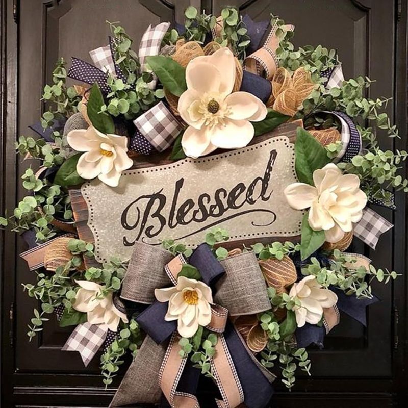 Photo 1 of Spring Summer Wreath for Front Door,Farmhouse Magnolia Porch Decoration,Front Door Hanger,Housewarming Gift, Buffalo Plaid Year Round Wreath,Summer Home Decor