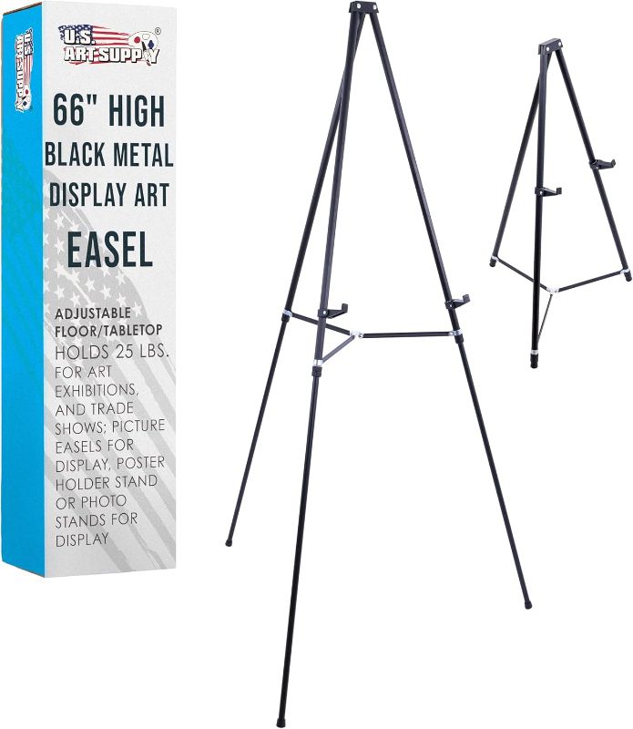 Photo 1 of U.S. Art Supply 66" High Black Metal Display Art Easel - Large Adjustable Height Portable Easel Stand, Sign Display, Holds 25 lbs - Floor & Tabletop Easels, Sign Stand