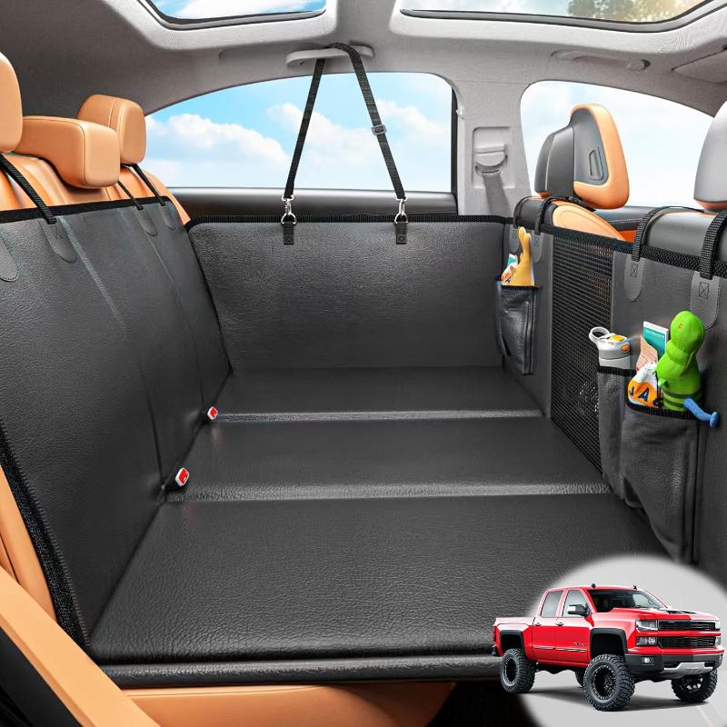 Photo 1 of Back Seat Extender for Dogs, Hard Bottom Dog Car Seat Cover for Truck Back Seat, Dog Hammock for Car, Upgraded PU Leather Material, Larger Space, Black