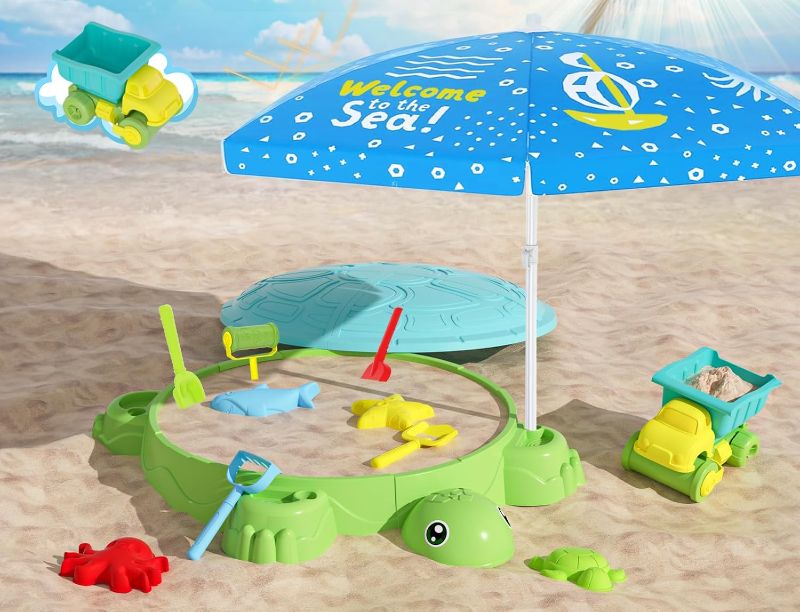Photo 1 of Upgraded Kids Turtle Sandbox with Lid & Adjustable Umbrella, Truck Toy & 8pcs Sand Shovels, Sand Box with Cover, Beach Toys for Toddlers 3-5, Plastic Indoor Outdoor Play Toys Gift for Girls Boys